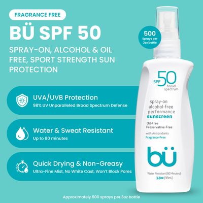 BU SPF 50 Sunscreen Spray for Face and Body, Fragrance Free Bundle, Clear, Non Greasy, Water Resistant, Sensitive Skin, 3.3 oz (2 Pack)