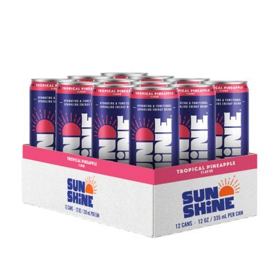 Sunshine Sparkling Energy Drink, Tropical Pineapple with Daily Essential Vitamins, 360mg of Electrolytes, 70mg of Natural Caffeine, 12 Fl Oz (Pack of 12)