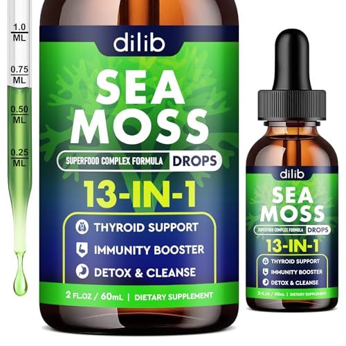 Irish Sea Moss Liquid Drops 13 in 1 with Black Seed Oil, Ashwagandha, Tumeric, Multimineral, Vitamin C, E, Support for Gut Heath Energy Skin Immune Support Hair for Women and Men, 2 Fl Oz, Vegan