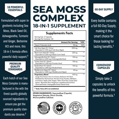 BioSchwartz Sea Moss Black Seed Oil Ashwagandha Ginger Supplement with Turmeric Berberine HCI Burdock Bladderwrack Resveratrol Elderberry Manuka Honey Apple Cider Vinegar ACV - 120 Sea Moss Capsules