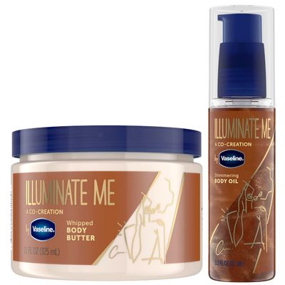 Vaseline Illuminate Me Body Butter Body Oil - Shimmering Body Bronzer, Hydrating Whipped Organic Shea Butter with 24-Hour Moisture for Melanin-Rich Skin, Radiant Body Glow Oil (2 Piece Set)