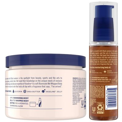Vaseline Illuminate Me Body Butter Body Oil - Shimmering Body Bronzer, Hydrating Whipped Organic Shea Butter with 24-Hour Moisture for Melanin-Rich Skin, Radiant Body Glow Oil (2 Piece Set)