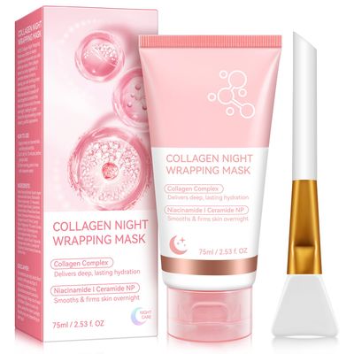 PULLING OIL Collagen Night Wrapping Mask, Collagen Overnight Wrapping Peel Off Facial Mask Pack, Deeply Hydrates Firming Glowy - Reduce Sagging Wrinkle For Glowing Skin (Brush Included)