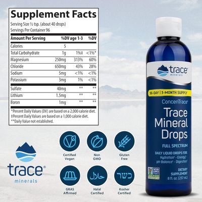 Trace Minerals ConcenTrace Trace Mineral Drops - Liquid Supplement for Bone Joint Support - Aids Hydration Electrolyte Restoration - Unflavored-Original, 8 fl oz (96 Servings)