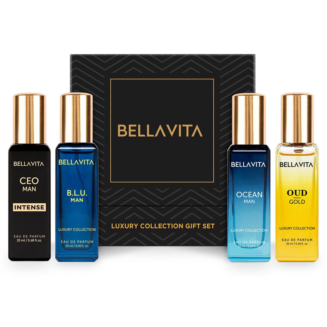 BellaVita Luxury Collection Eau De Parfum Gift Set (4x20ml) Premium Unisex Perfume Set Notes of Aqua, Musk, Amber and Bergamot Includes OUD GOLD, OCEAN, B.L.U. CEO Intense Perfume Gift