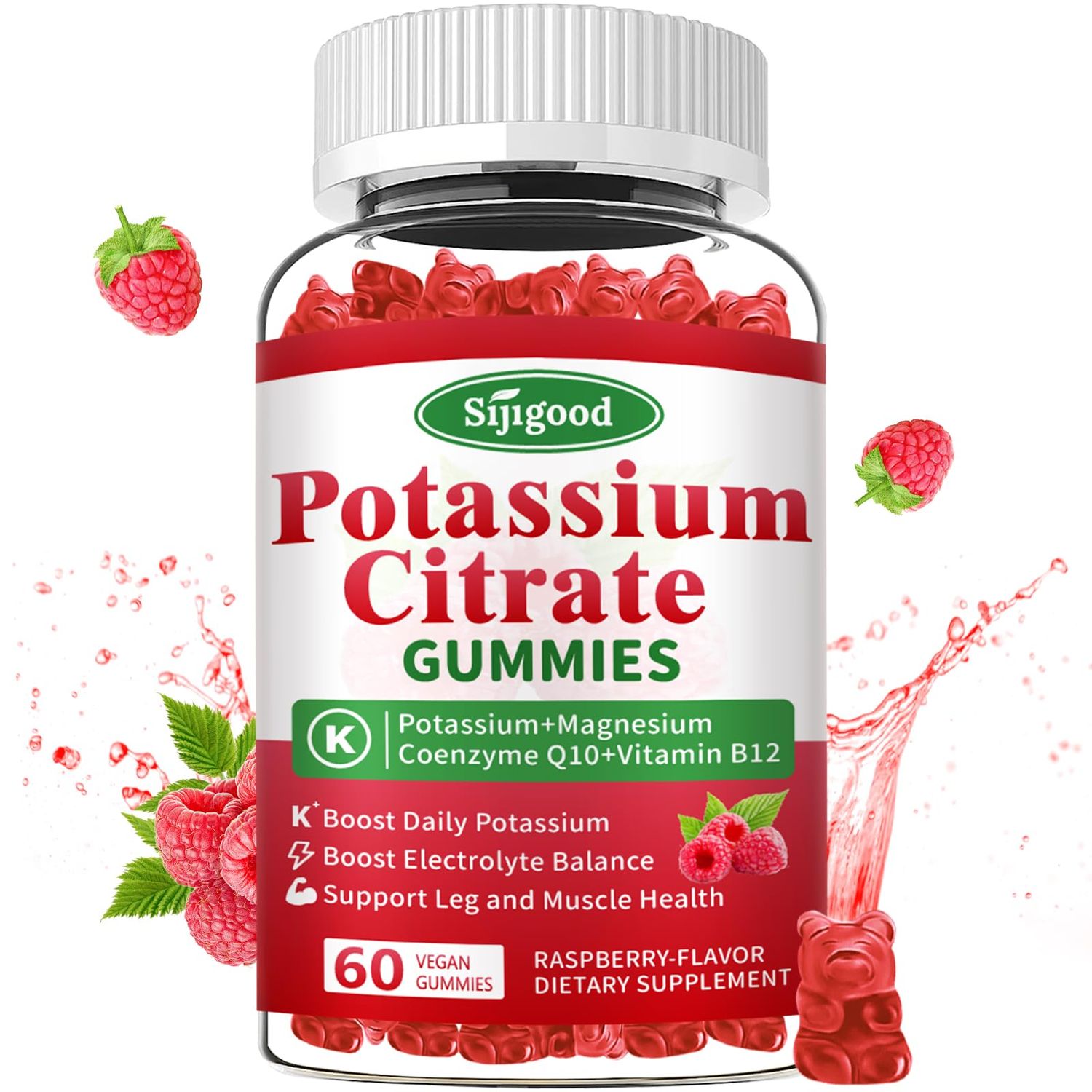 Potassium Citrate Gummies - Potassium Supplement for Muscle Health, Leg Cramp Relief Electrolyte Balance, Vegan, Non-GMO, Gluten-Free, Raspberry Flavor, 60 Count