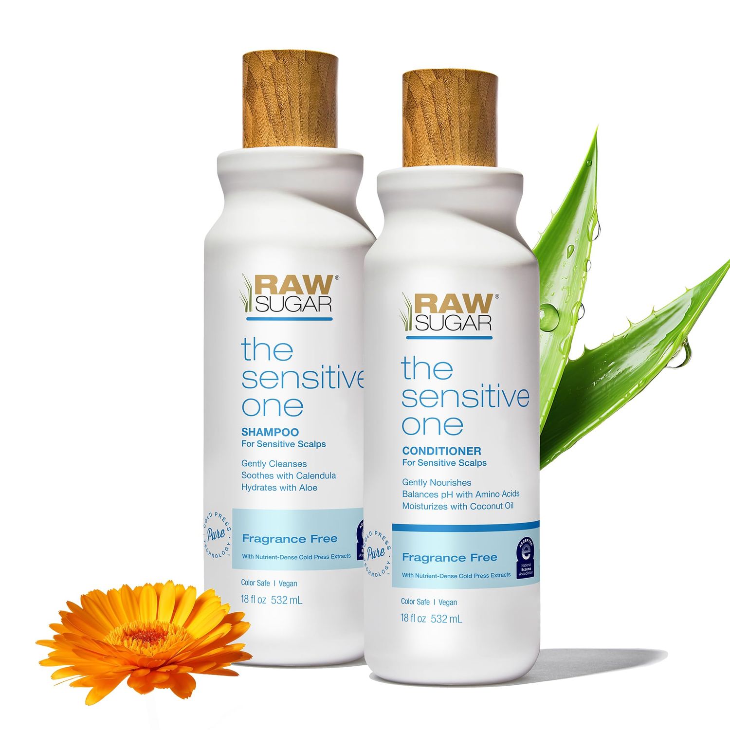 Raw Sugar Shampoo and Conditioner Set, The Sensitive One Hair Care Duo, 18 Fl Oz Each, Gently Cleanses, Soothes Hydrates with Calendula Aloe, No Fragrance, Sulfates Parabens, Vegan