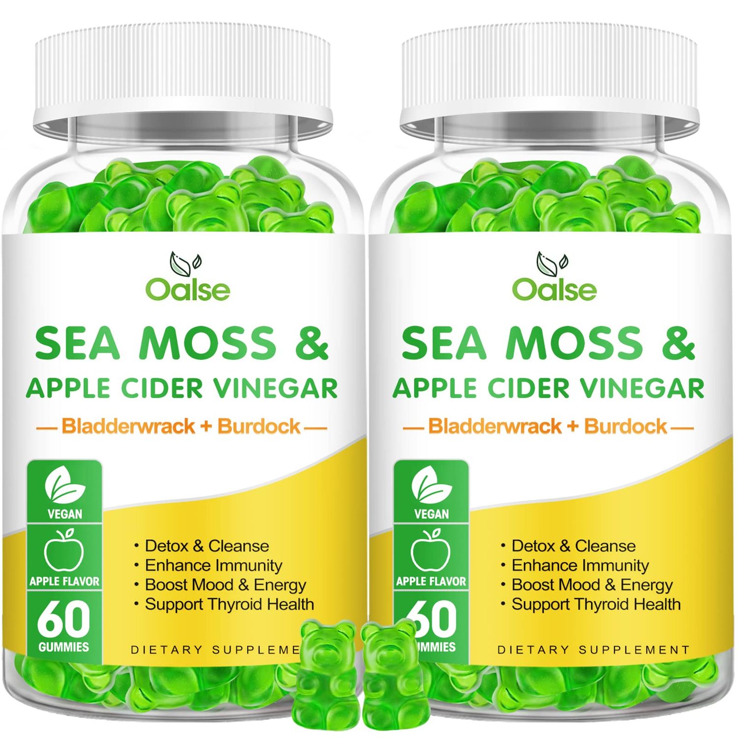 OALSE Organic Sea Moss Gummies - 1800mg Irish Sea Moss 1200mg Bladderwrack 240mg Burdock Root 240mg Apple Cider Vinegar - Supports Immune Digestion Health 60 Count (Pack of 2)