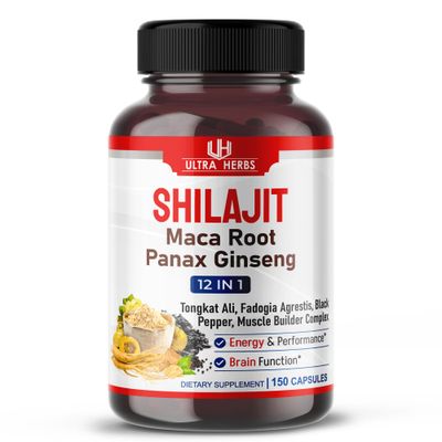Shilajit Pure Himalayan - Energy Booster 85 Fulvic Acid, Maca Root, Panax Ginseng, Tongkat Ali, Fadogia Agrestis - Metabolism Immunity Support - 150 Capsules