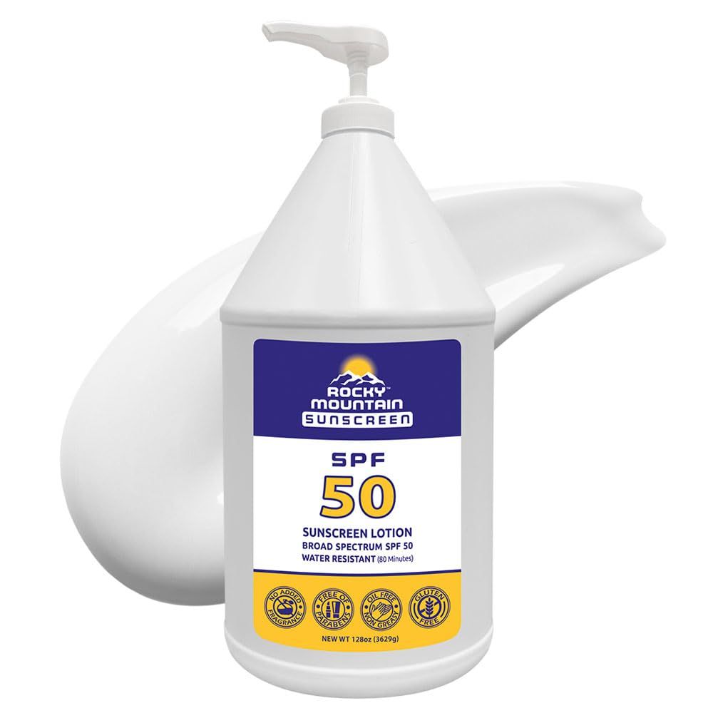 Rocky Mountain Sunscreen SPF 50 Gallon Lotion Broad Spectrum UVAUVB Protection Hawaii 104 Reef Act Compliant (Oxybenzone Octinoxate Free) Water Resistant 80 Min. Fragrance Free 128 Fl Oz
