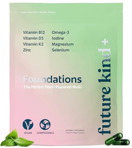 Future Kind Carrageenan-Free Foundations Multivitamin for Women Men with Omega-3, B12, D3, Zinc, Iodine, Magnesium, K2 Selenium, Vegan, Compostable Bag (60ct)