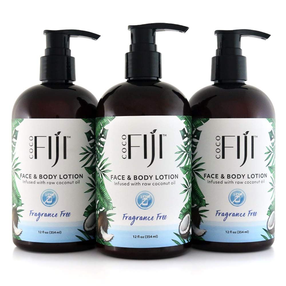 Coco Fiji Face Body Lotion Infused With Coconut Oil Lotion for Dry Skin Moisturizer Face Cream Massage Lotion for Women Men Fragrance Free 12 oz, Pack of 3