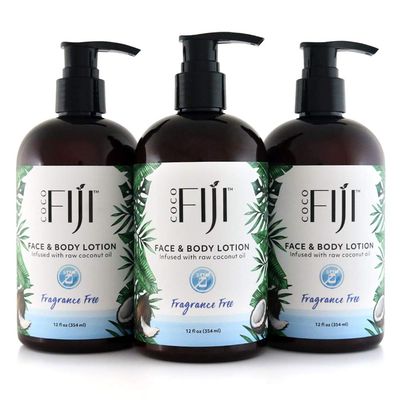 Coco Fiji Face Body Lotion Infused With Coconut Oil Lotion for Dry Skin Moisturizer Face Cream Massage Lotion for Women Men Fragrance Free 12 oz, Pack of 3