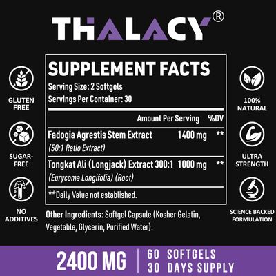 Thalacy 2400mg Fadogia Agrestis Tongkat Ali Supplement - Fadogia Agrestis 1400mg Tongkat Ali 1000mg Ultra Blend, Maximum Strength, Muscle Mass Athletic Performance, 120 Softgels