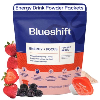 Blueshift Energy Focus - Less-Sweet Super Clean Plant-Based Energy Drink for Adults, with Guarana, Green Tea, Rhodiola, Caffeine, B Vitamins for Clarity Focus, No Sugar - Powder Pods (14 Pack)