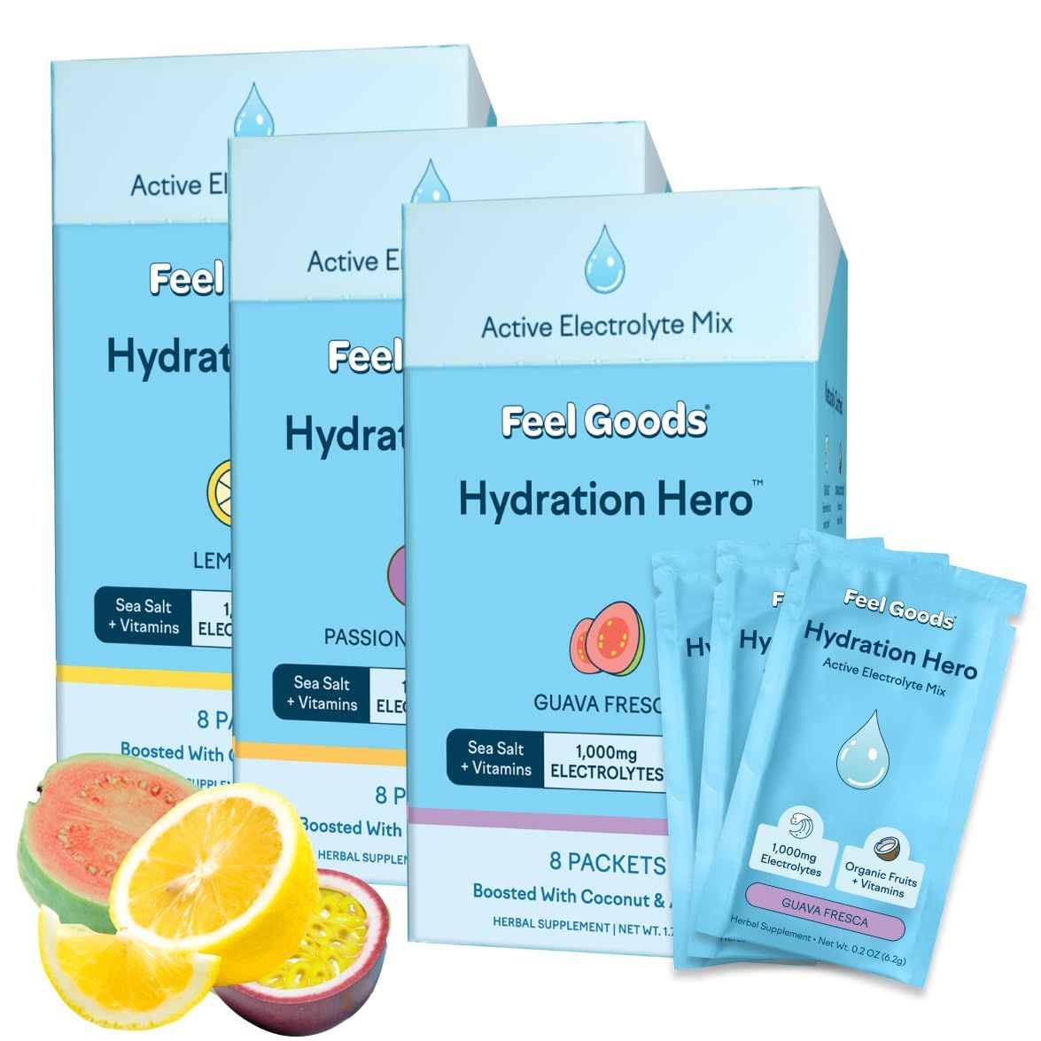 Feel Goods Hydration Hero, 1,000mg Electrolytes Powder, Sugar Free, Magnesium, Organic Aloe Vera, L Theanine, Vitamin C, Vegan, Non GMO, On The Go Electrolyte Packets, Variety Pack, 24 Count