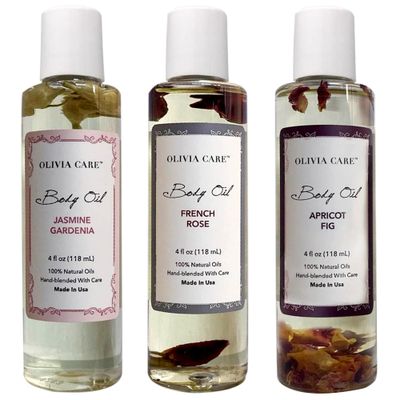 Olivia Care 3 Pack Body Oils Apricot Fig, French Rose, Jasmine Gardenia - Natural Perfume Oils For Women After Bath Oils Body Moisturizers, Rich in Vitamin E, K, Omega (3 Scents)