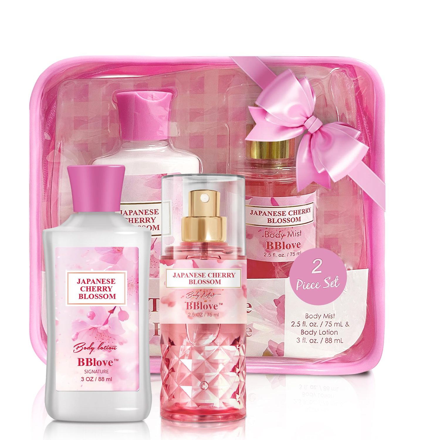 BBlove Japanese Cherry Blossom Bath and Body Gift Set - 2-Piece Travel Skincare Essentials (3oz Body Lotion 2.5oz Fragrance Mist) Lightweight Hydrating Duo, Holiday Gift Set