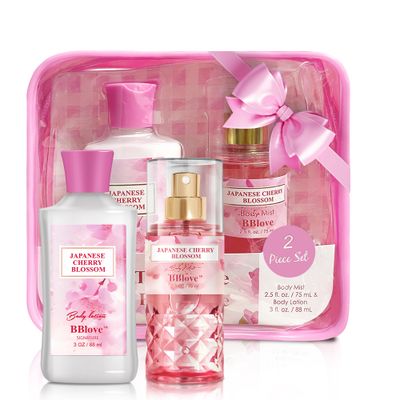 BBlove Japanese Cherry Blossom Bath and Body Gift Set - 2-Piece Travel Skincare Essentials (3oz Body Lotion 2.5oz Fragrance Mist) Lightweight Hydrating Duo, Holiday Gift Set
