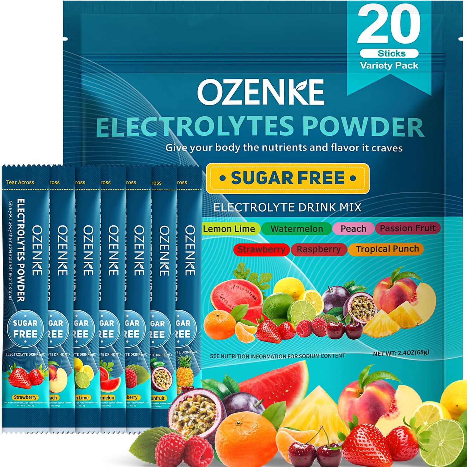 OZENKE Electrolytes Powder Packets, Hydration Packets, Electrolytes Powder No Sugar, Portable Electrolyte Drink Mix for Rapid Hydration, Sugar Free Low Sodium 0 Calorie 7 Flavors 20 Sticks