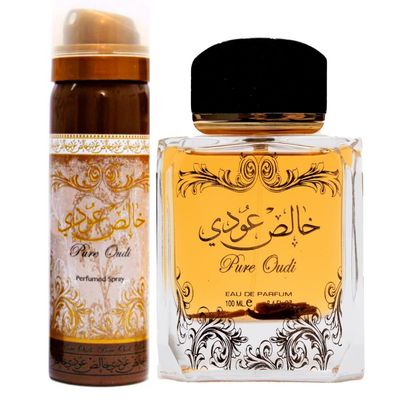 Lattafa Perfumes Pure Oudi (Khalis Oudi) 2 Piece Set for Unisex (3.4 Ounce Eau de Parfum Spray 1.7 Ounce Perfumed Body Spray)