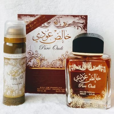 Lattafa Perfumes Pure Oudi (Khalis Oudi) 2 Piece Set for Unisex (3.4 Ounce Eau de Parfum Spray 1.7 Ounce Perfumed Body Spray)