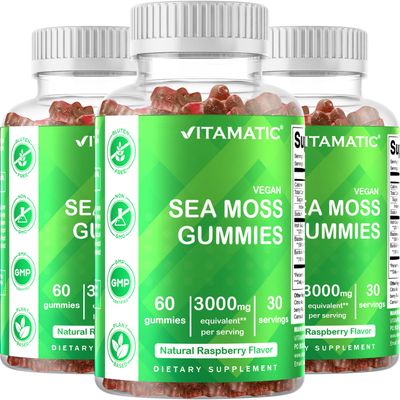 Vitamatic 3 Pack Irish Sea Moss Gummies- 3000mg Equivalent Per Serving (from Extract 132.5 mg) - 60 Ct - Made with Bladderwrack Burdock Root - Seamoss Supplement for Thyroid, Energy, Immune Support