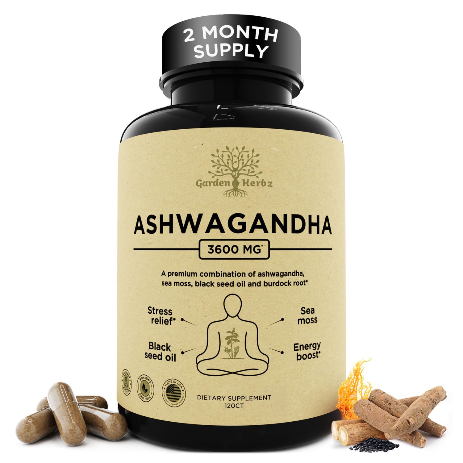Garden of Herbz Organic Ashwagandha Root Irish Sea Moss - 3,600 mg Ashwagandha Supplement with Black Seed Oil, Burdock Root - Herbal Supplement for Energy, Calm, Mood, Wellness, 120 Caps