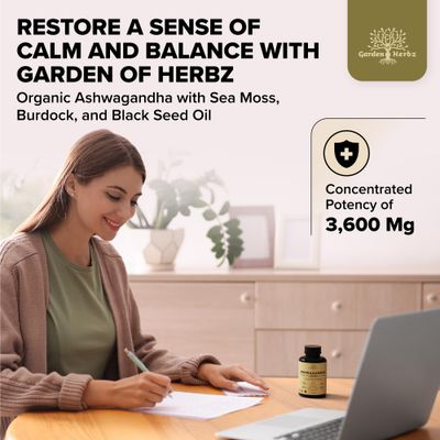 Garden of Herbz Organic Ashwagandha Root Irish Sea Moss - 3,600 mg Ashwagandha Supplement with Black Seed Oil, Burdock Root - Herbal Supplement for Energy, Calm, Mood, Wellness, 120 Caps