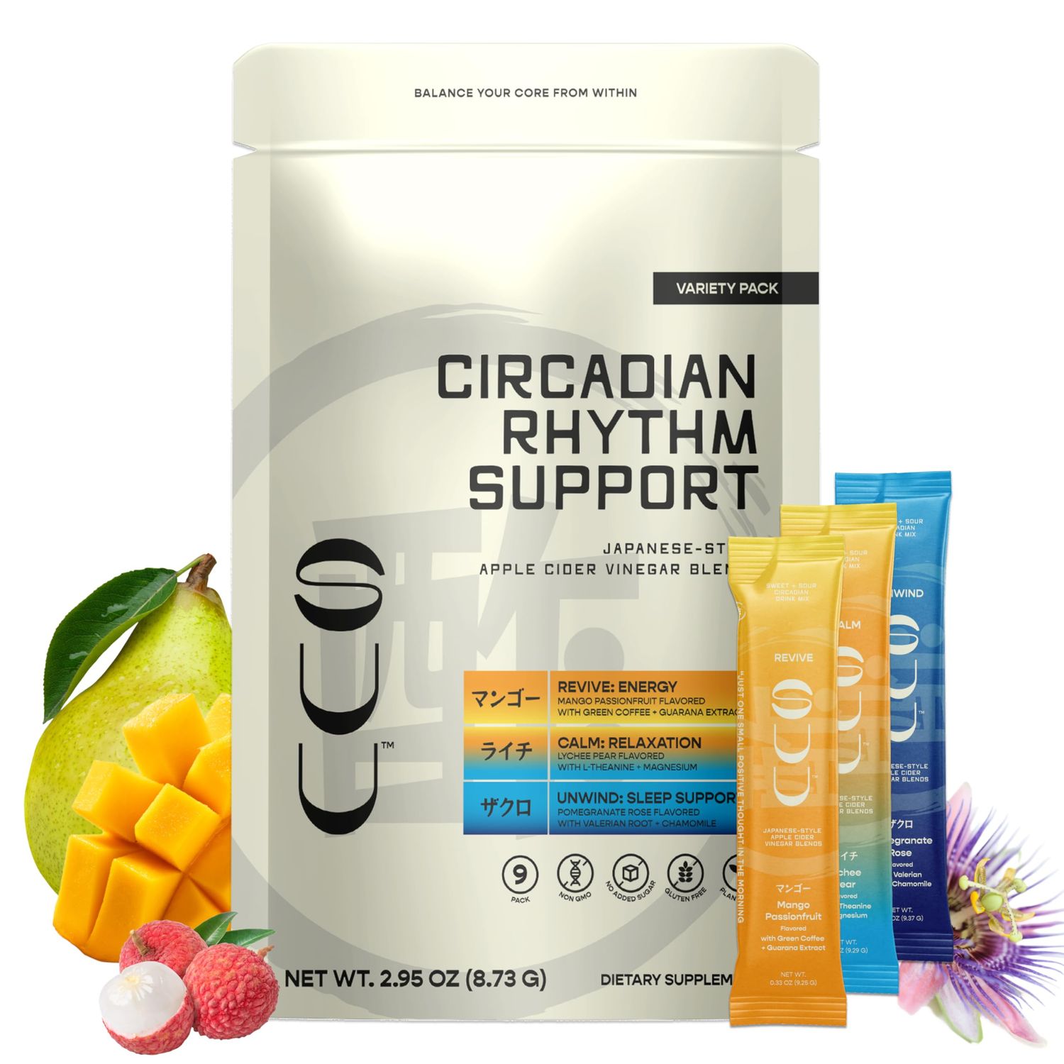 SUU Circadian Hydration Powder Packets with Organic Apple Cider Vinegar, Electrolytes and Functional Ingredients for Sleep Support, Natural Energy Mental Focus, Japanese Gut Health (Variety 9-Pack)