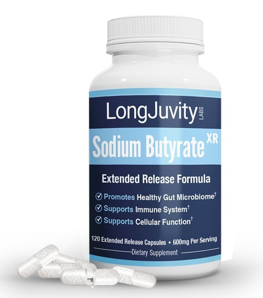 LongJuvity Sodium Butyrate Supplement - 300mg Extended Release Capsules for Gut Health Leaky Gut Support - Postbiotic Short Chain Fatty Acid, 120 Capsules, Micro-Encapsulated, Lab Tested