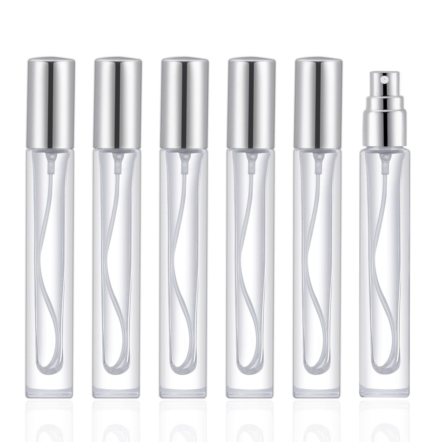 KOIBITO 10ml Glass Perfume Spray Bottle for Men Women. Refillable Glass Atomizer with Aluminum CapPump. Portable Fragrance Bottle for Perfume, Cologne, Moisturizing (6PCS, Silver)
