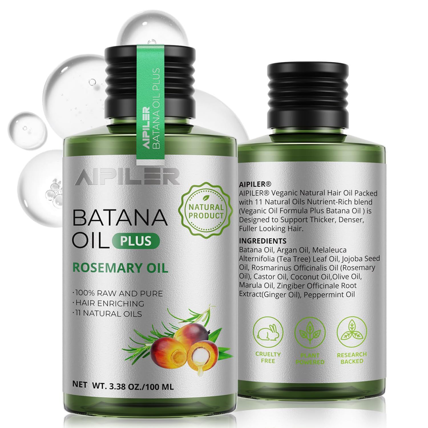 Batana Oil with Rosemary for Hair Growth Vegan Natural Hair Oils - Nourish Hair Eyelashes Eyebrows Beard and Mustache - 100 Raw Castor Coconut Tea Tree Peppermint Ginger Jojoba and Argan Oils 3.38oz