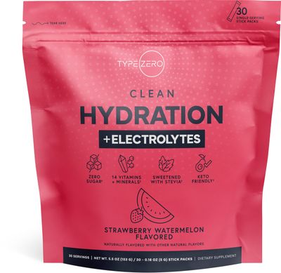 Type Zero Clean Hydration Electrolytes Drink Mix (30 Single-Serving Packets) - Advanced Hydration for Any Occasion (Strawberry Watermelon)