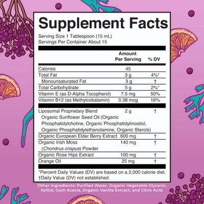 MaryRuth Organics Sea Moss Immune Energy Liposomal Irish Sea Moss Vitamin B12 Vitamin E Elderberry Rose Hip Oil Orange Oil Immune Support Supplement Vegan Sugar Free 7.6 oz