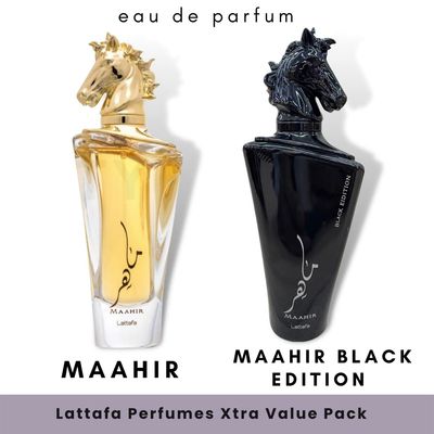 Lattafa Maahir 2-Piece Set for Unisex, (3.4 Oz Maahir Eau De Parfum Spray 3.4 Oz Maahir Black Edition Eau De Parfum Spray)