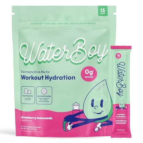 Waterboy Workout Hydration 2,960mg Sugar Free Electrolyte Powder Packets L-Glutamine Vitamins No Sugar, All Natural, Gluten Free 15 Drink Stick Mixes (Strawberry Lemonade)