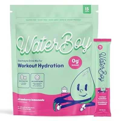 Waterboy Workout Hydration 2,960mg Sugar Free Electrolyte Powder Packets L-Glutamine Vitamins No Sugar, All Natural, Gluten Free 15 Drink Stick Mixes (Strawberry Lemonade)