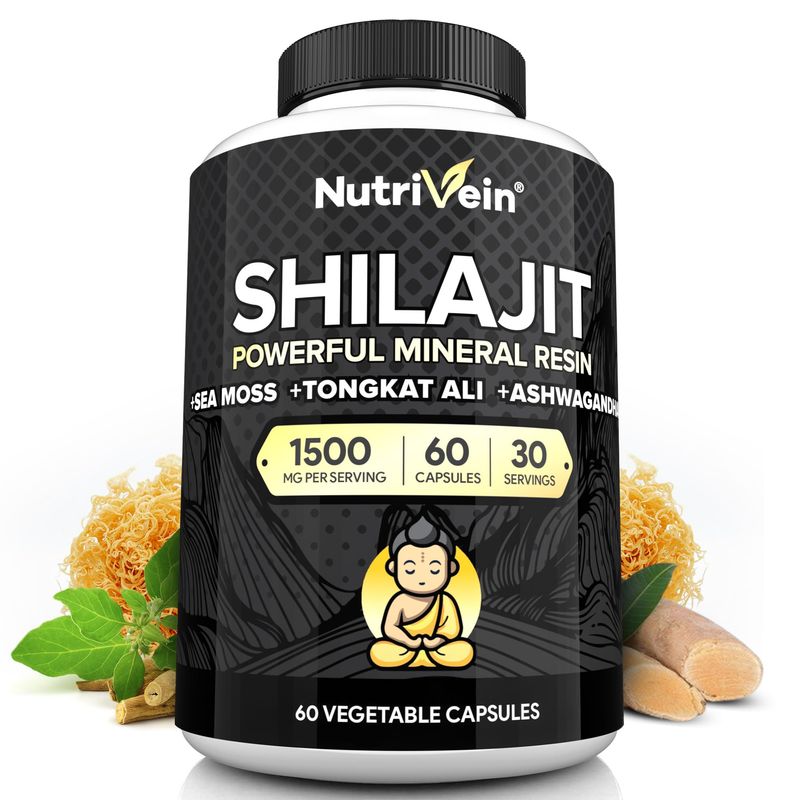 Nutrivein Premium Pure Himalayan Shilajit for Men and Women - 1500 mg - 60 Capsules- Powerful Resin Extract Blended with Irish Sea Moss, Tongkat Ali, Ashwagandha - Vitality, Clarity, Performance