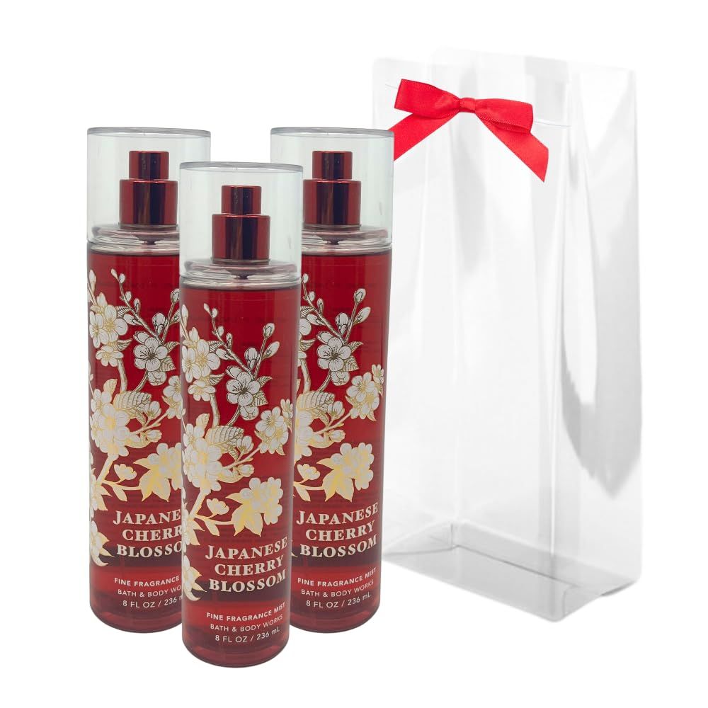 Bath Body Works JAPANESE CHERRY BLOSSOM Fine Fragrance Mist Gift Set with a Red Bow for Holiday Gifts - Pack of 3