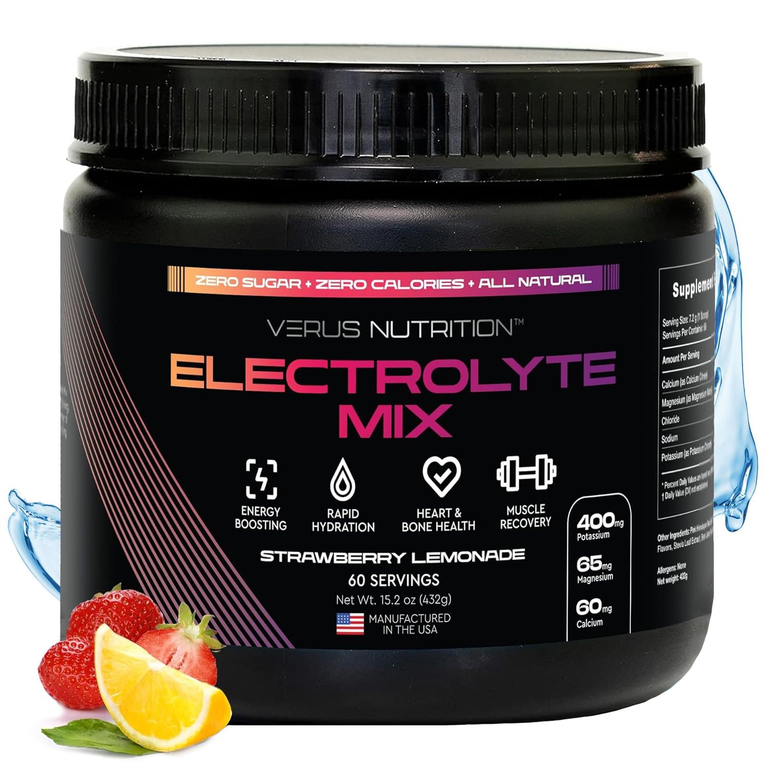 VERUS NUTRITION Electrolytes Powder No Sugar- Zero Calorie Hydration Powder Sugar Free Electrolytes for Fasting, Keto Vegan Natural Ingredients Electrolyte Mix for Energy Boost, 60 Servings