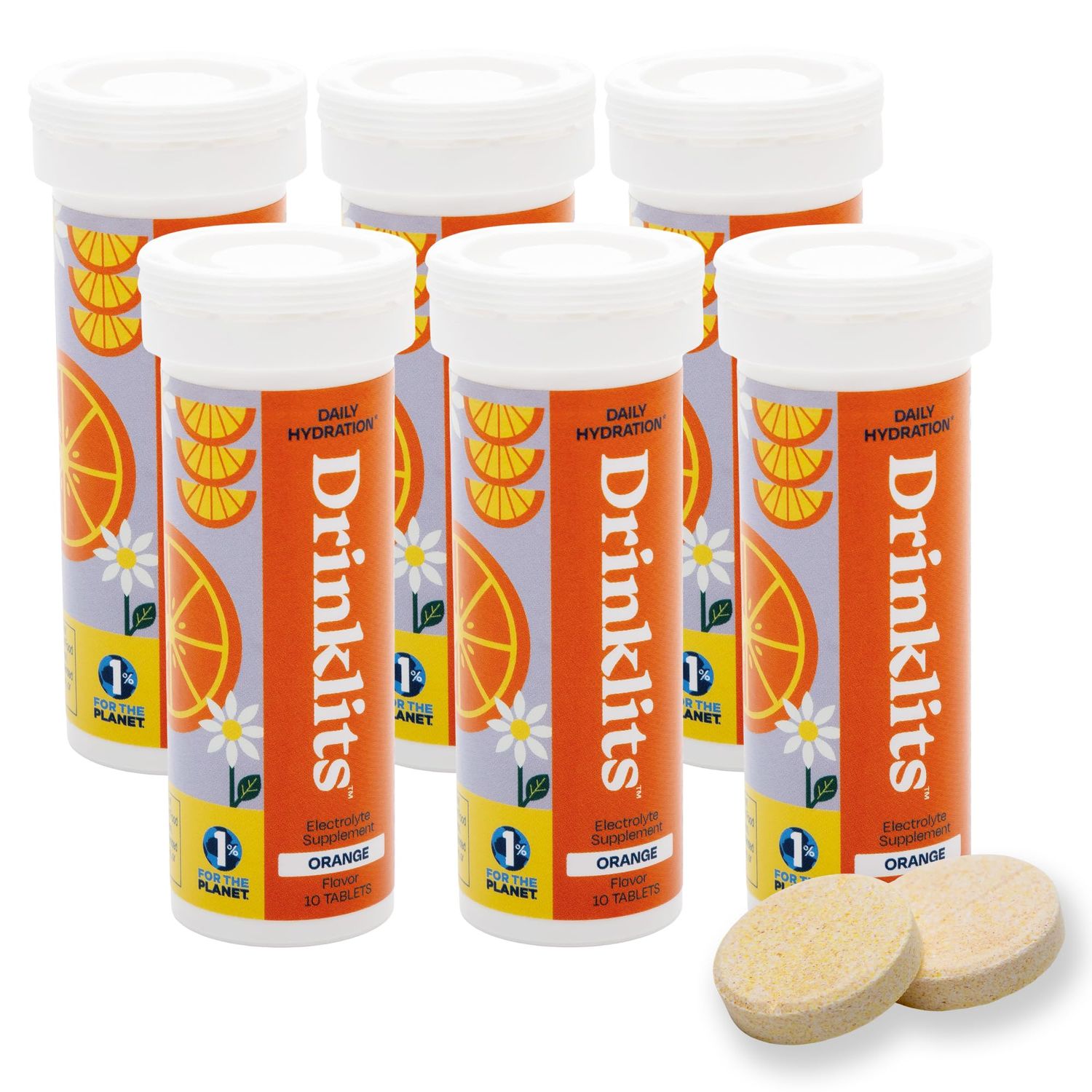 Drinklits Orange Electrolyte Fizzy Hydration Tablets (6) Tube Bundle 0g Sugar - Natural Sports Drink - Essential Electrolytes 60 Servings - 10 Tablets Per Tube