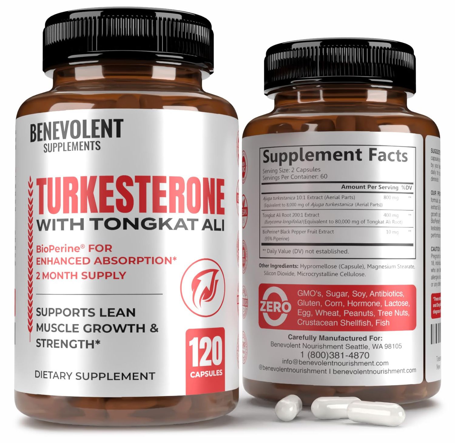 Turkesterone 8,000mg Highest Purity BioPerine for High Absorption Supplement with Tongkat Ali - Increase Stamina, Lean Muscle Growth Recovery, Boosts Drive 3rd Party Tested 2 Months Supply