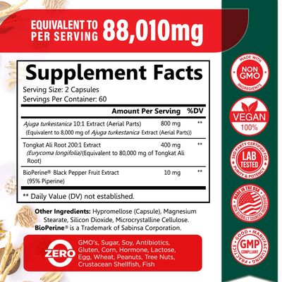 Turkesterone 8,000mg Highest Purity BioPerine for High Absorption Supplement with Tongkat Ali - Increase Stamina, Lean Muscle Growth Recovery, Boosts Drive 3rd Party Tested 2 Months Supply