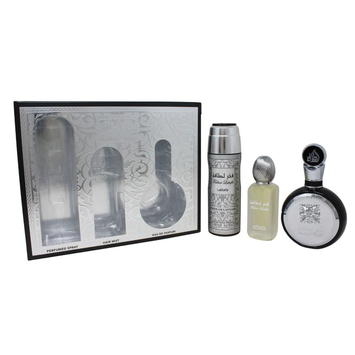 Lattafa Fakhar for Men 3 Piece Set (3.4 Oz Eau de Parfum Spray 1.7 Oz Hair Mist 6.7 Oz Deodorant Spray)