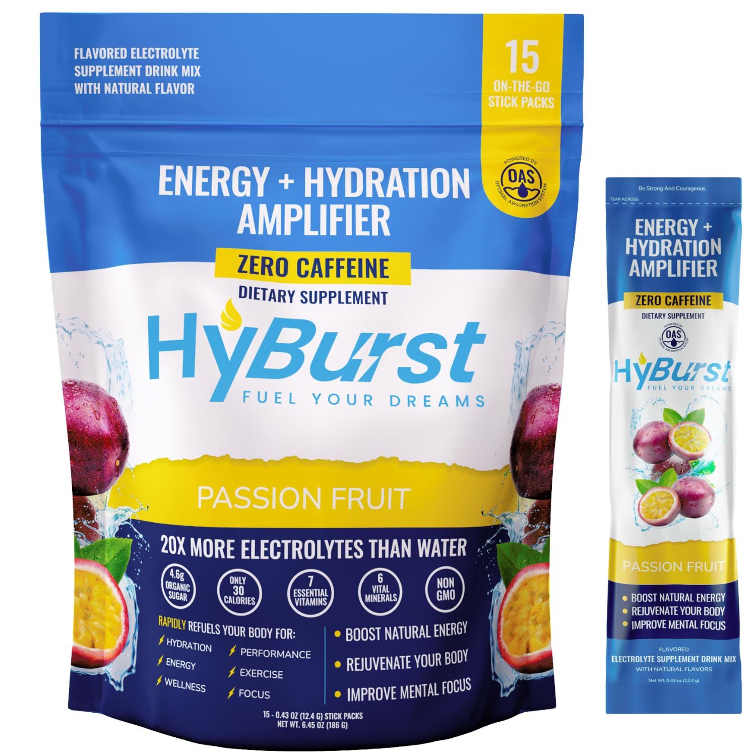 Hyburst Electrolytes Powder Packets, Hydration Amplifier Energy, Vitamins D3 K2 B6 B12, L-Theanine, Cane Sugar, Caffeine Free Energy Drink Powder Passion Fruit, 15 Pack