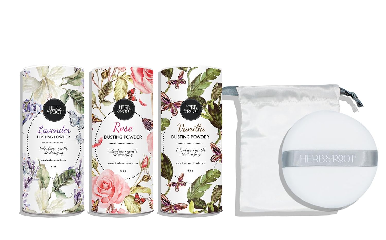 Herb Root Talc-Free Body Powder Gift Set (Oprah&#39;s Favorite Things) Lavender, Rose, Vanilla Scents with Puff - Organic Arrowroot, Cornstarch, Dusting Foot Powder for Women Men