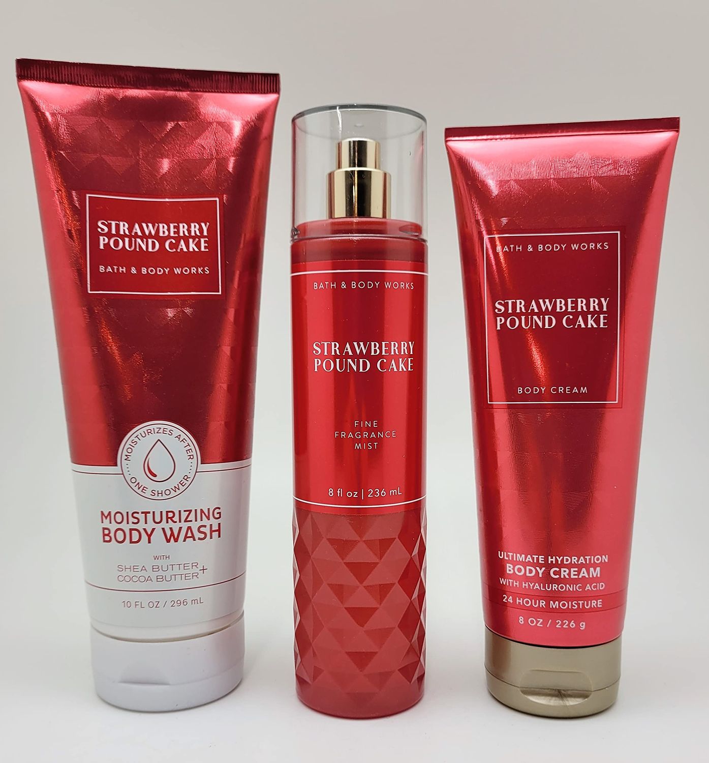 Bath Body Works - Strawberry Pound Cake - Bundle -3 items - Moisturizing Body Wash, Ultimate Hydration Body Cream and Fine Fragrance Mist - Spring 2022
