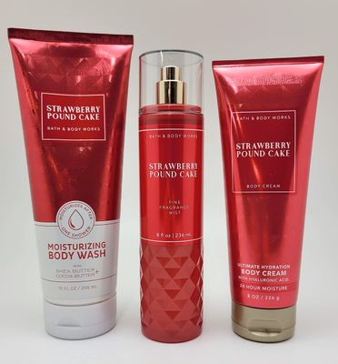 Bath Body Works - Strawberry Pound Cake - Bundle -3 items - Moisturizing Body Wash, Ultimate Hydration Body Cream and Fine Fragrance Mist - Spring 2022