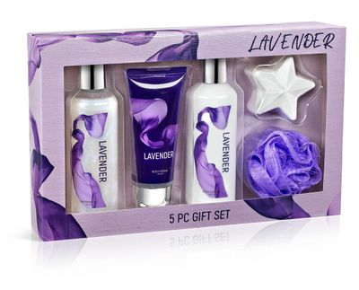 Freida Joe Fragrance Bath Body Collection Gift Box, Includes Shower Gel, Body Lotion, Body Scrub, Bath Bomb Sponge (Lavender)